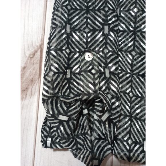 Ruby Rd Blouse Womens 14 Black White Sheer Chiffon Button Up Long Sleeve Top - Picture 3 of 8